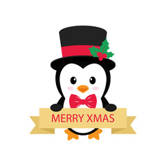 cute penguin with a sign on a white background