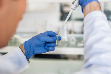 Scientific laboratory technician pipetting. Macro shot