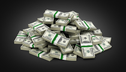 big pile of money american dollar bills on black gradient backgr