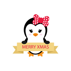 cute penguin girl with a sign on a white background