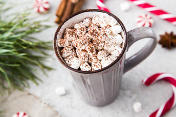 Cocoa with marshmallow and christmas decoration. On a stone back