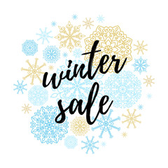 Winter sale label, banner, sticker. Vector winter holidays backgrounds with hand lettering calligraphy, Christmas golden and blue snowflakes.