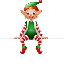 Cartoon Christmas elf sitting on blank sign