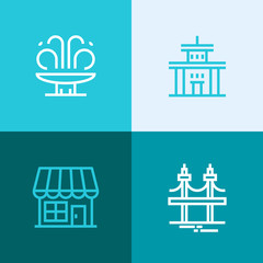 Outline vector set of city elements and real estate. Bridge, shop, building and fountain logos. 