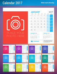 Desk Calendar Template for 2017 Year. Design Template with Place for Photo. Week starts Monday. Vector Illustration