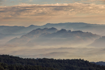 Layer of mountains and mist at sunset time, Landscape at Doi Luang Chiang Dao, High mountain in Chiang Mai Province, Thailand