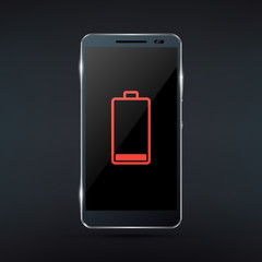 Shiny black smartphone with red low battery icon. Realistic vector illustration