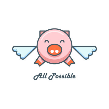 Line Art Flying Pig Logo. Vector Illustration. All Possible Concept