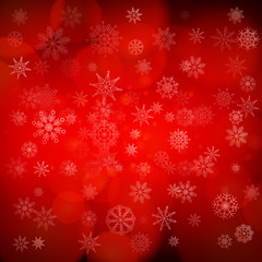 Red christmas snowflakes background with lights. Abstract vector illustration. Decorative background for holiday greeting card