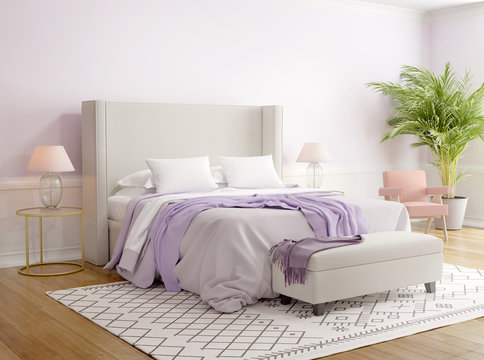 Contemporary light pink, violet bedroom with white rug