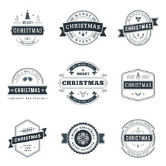 Set of Merry Christmas and Happy New Year typographic design elements for cards, Invitations, gifts or posters. Vector Illustration