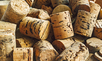 Cork stoppers for wine bottles. Closeup view.