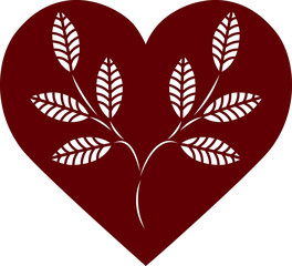 Laser cut template for valentines or wedding day cards. Heart silhouette with leaves branch. Vector illustration.