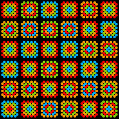 Colorful granny square crochet blanket ornament on black, vector - obrazy, fototapety, plakaty