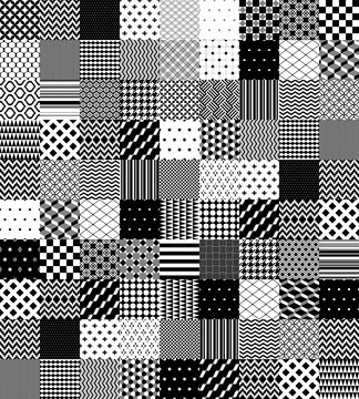 Black and white patchwork quilted geometric seamless pattern, vector set
