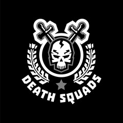 Logo death squad. Human skull and cross swords. Wreaths. Black and white color sticker. The emblem on the Middle Ages and the war. Vector illustration. Flat style.