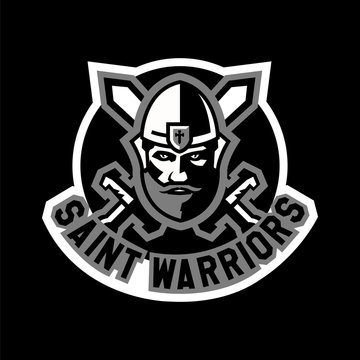 Logo saint warriors. Face Knight, Paladin, viking. Helmet, crossed swords. Black and white color sticker. The logo on the topic the middle ages and the war. Vector illustration. Flat style.