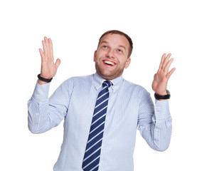 Young happy surprised businessman isolated on white