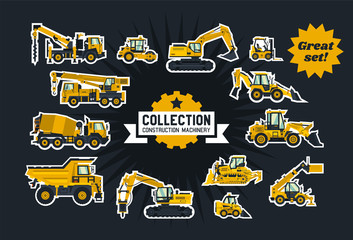 Collection of construction equipment. Special equipment. Objects circled white outline and isolated on a dark background. Excavators, bulldozers, cement mixers, crane truck, paver. Flat style