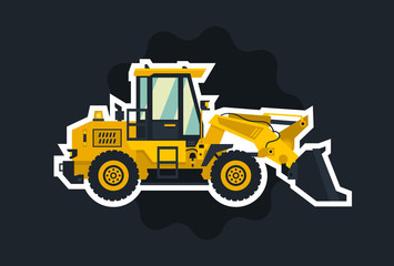 Front-end loader. The object circled white outline on a dark background.. Construction machinery. Flat style