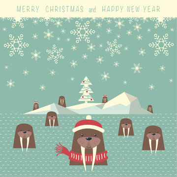 The Christmas card design.Nine walruses at the water and the iceberg with the christmas tree.At the top of the image the phrase merry christmas and happy new year.