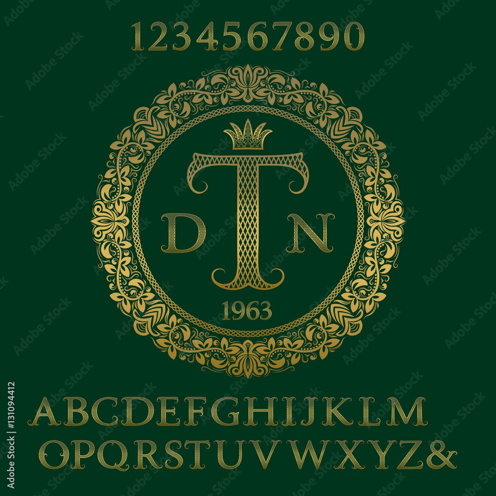 Poster lattice patterned gold letters and numbers with initial monogram. decorative patterned font and elem