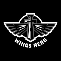 Logo sword and wings. Sticker isolated and encircled by a white outline in the background. Black and white execution. Vector illustration. Flat style
