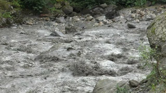 Mountain Muddy River in Flood after Torrential Rain. Close up