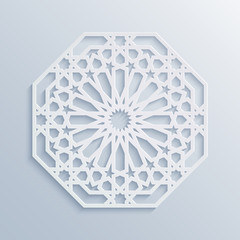 Islamic geometric pattern. Vector muslim mosaic, persian motif. Elegant white oriental ornament, traditional arabic art. Mosque decoration element. 3D mandala for brochures, invitations, greeting card