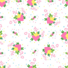Cute seamless pattern with flowers, leaves, swirls, hearts and crown