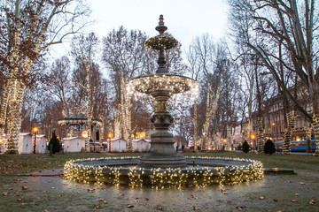     Illuminated fountain in Zrinjevac park, Zagreb, Croatia, Christmas market, Advent 