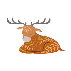 Moose Relaxed Cartoon Wild Animal With Closed Eyes Decorated With Boho Hipster Style Floral Motives And Patterns