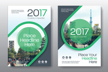 Green Color Scheme with City Background Business Book Cover Design Template in A4. Easy to adapt to Brochure, Annual Report, Magazine, Poster, Corporate Presentation, Portfolio, Flyer, Banner, Website