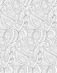 Oriental seamless background pattern. Vector illustration hand drawn. Fantasy feathers and leafs. Line art , black and white.