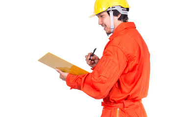 Happy Asian engineers writing the note pad on white background