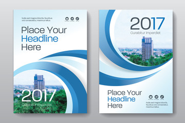 Blue Color Scheme with City Background Business Book Cover Design Template in A4. Easy to adapt to Brochure, Annual Report, Magazine, Poster, Corporate Presentation, Portfolio, Flyer, Banner, Website.