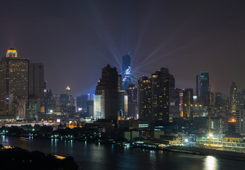 Fototapeta premium Top view of Bangkok Cityscape river side at night, Mahanakhon