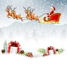 Christmas background with Santa Clause riding his reindeer sleight