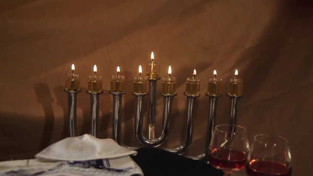 Hanukkah Candles with talit and wine