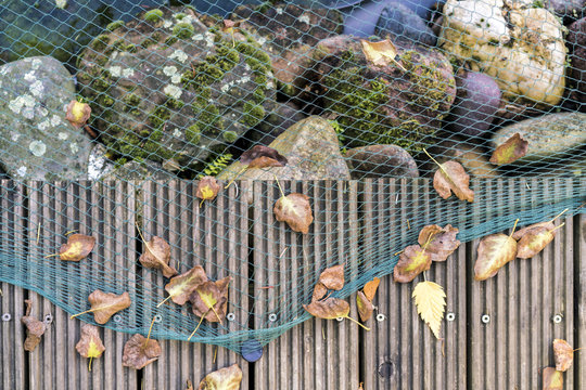 Close up view of green netting over large rocks next to a wooden path with dried leaves attached, overhead view