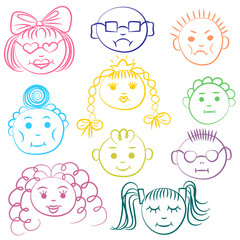 Set of ten colorful cute kids. Funny children drawings of faces. Sketch style. Vector illustration.