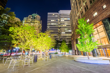 Courtyard and buildings at night, in Uptown Charlotte, North Car