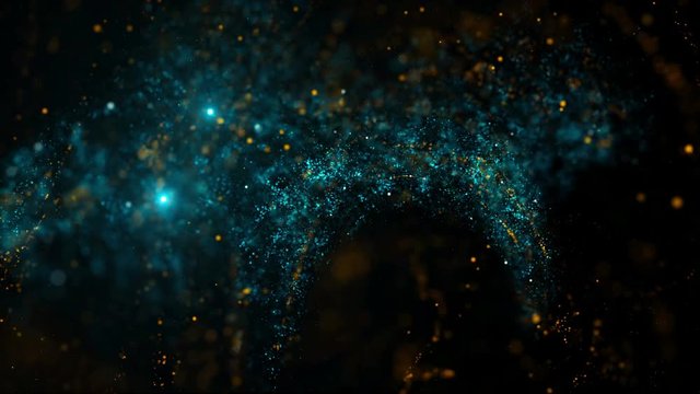 Abstract background 3d render. Chaotic particles with random size. Twisted massive of particles with glow. Loopable.
