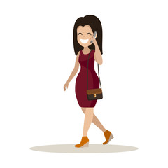 Happy young woman talking on the phone. Vector illustration.