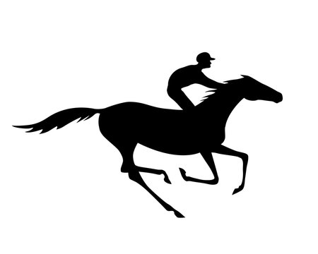 Black jockey and horse silhouette with gallop motion on white. Vector horse-race and rider. 