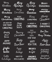 Big set of Handwritten phrase Merry Christmas and Happy New Year for Greeting Card with hand drawn lettering design. Vector isolated