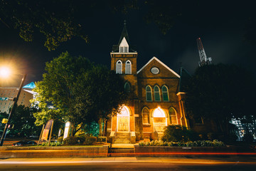 First United Presbyterian Church at night, in Uptown Charlotte,