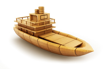 Wooden ship toy model, isolated on white background 3d render