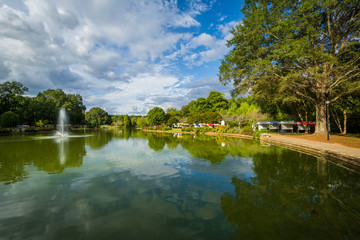 Fototapeta premium Fountain in the lake at Freedom Park, in Charlotte, North Caroli