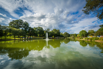 Fountain in the lake at Freedom Park, in Charlotte, North Caroli